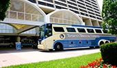 A Disney's Magical Express bus parked stopped at a hotel driveway
A Disney's Magical Express bus parked stopped at a hotel driveway